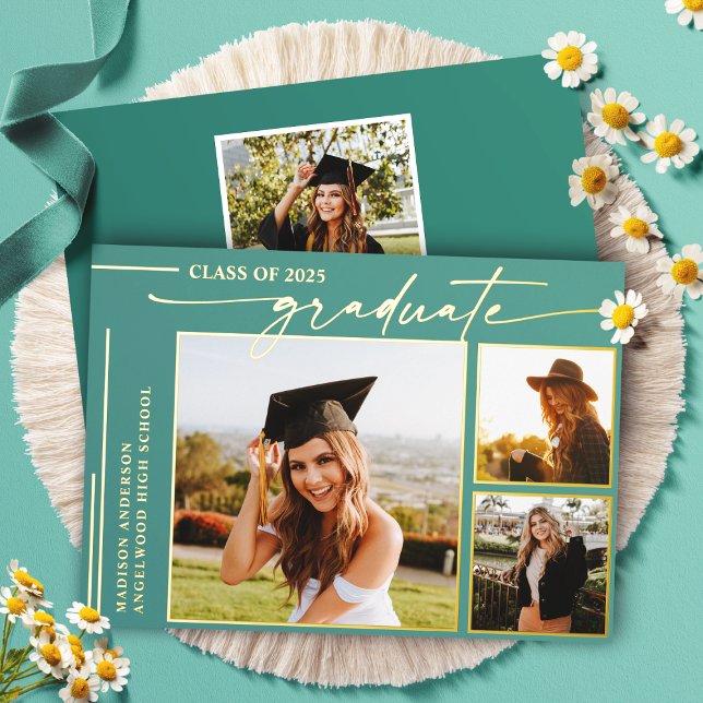 Modern Teal Script Graduate Photo Graduation Foil Invitation (Creator Uploaded)
