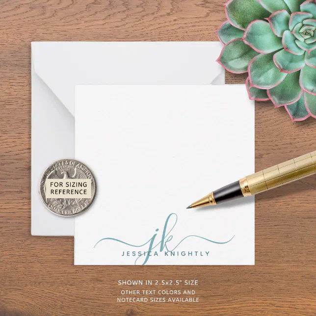 Modern Teal Script Monogram Minimalist Note Card | Zazzle
