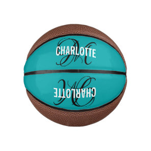 Modern teal script monogram name mini basketball