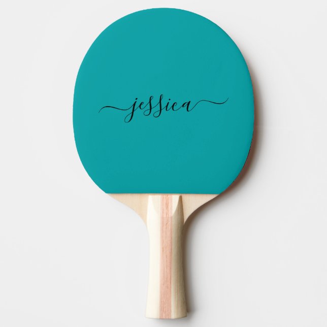 Modern teal script name ping pong paddle (Front)