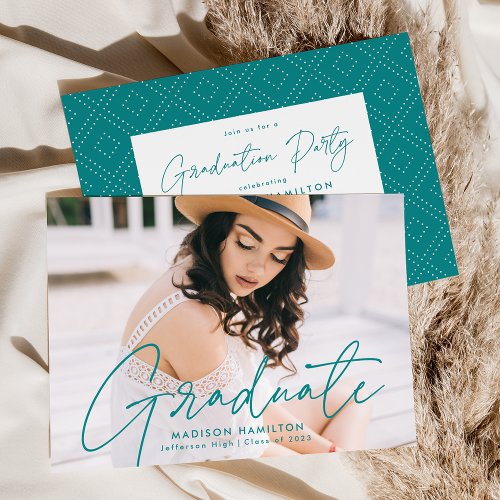 Modern Teal Script Photo Graduation Party Invitation