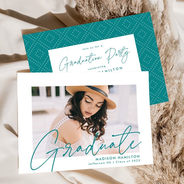 Modern Teal Script Photo Graduation Party Invitation (Creator Uploaded)