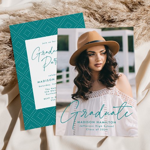 Modern Teal Script Photo Graduation Party Invitation