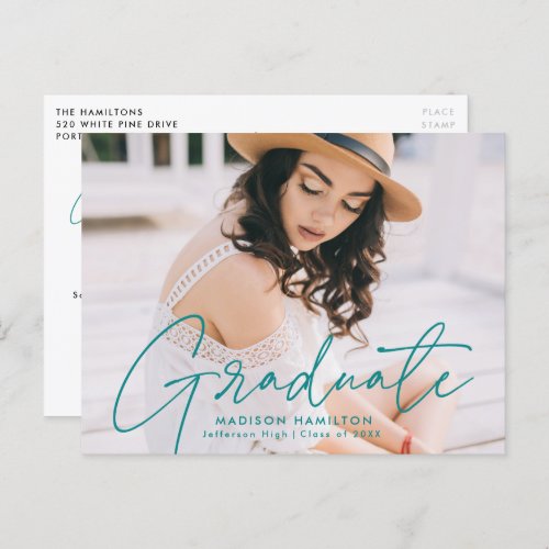 Modern Teal Script Photo Graduation Party Invitation Postcard