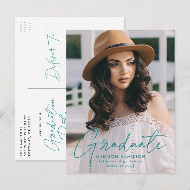 Modern Teal Script Photo Graduation Party Invitation Postcard (Front/Back)