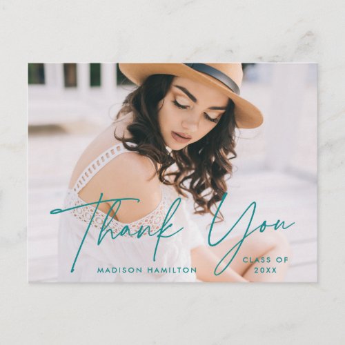 Modern Teal Script Photo Graduation Thank You Postcard