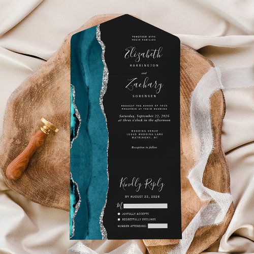 Modern Teal Silver Agate Dark Wedding All In One Invitation