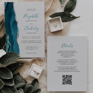 Modern Teal Silver Agate Gray QR Code Wedding Invitation