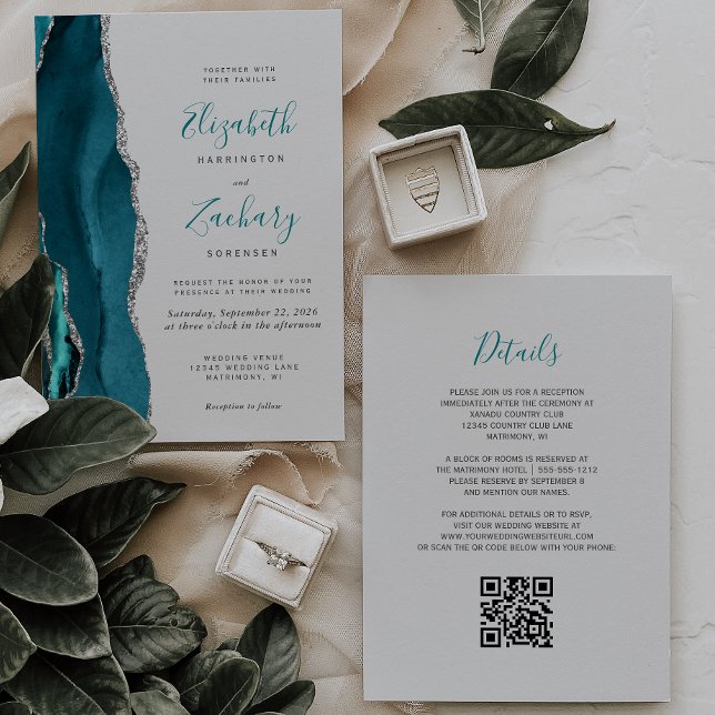 Modern Teal Silver Agate Gray QR Code Wedding Invitation (Creator Uploaded)