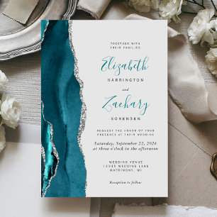 Modern Teal Silver Agate Gray Wedding Invitation