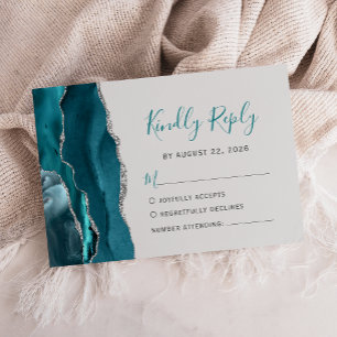 Modern Teal Silver Agate Gray Wedding RSVP Card