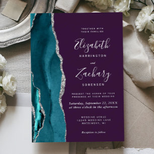 Modern Teal Silver Agate Purple Wedding Foil Invitation