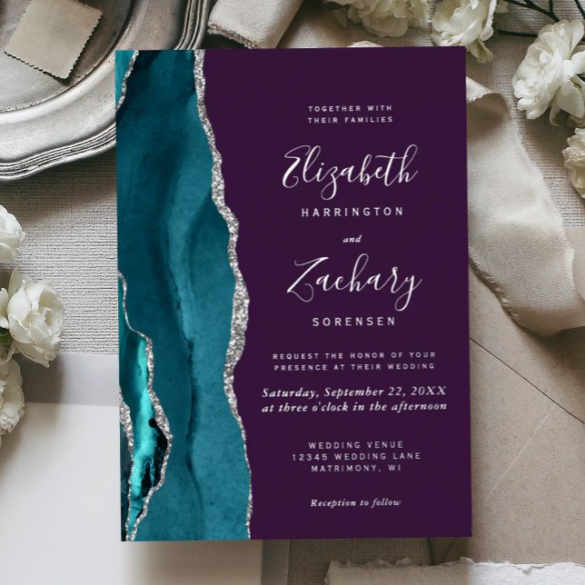 Modern Teal Silver Agate Purple Wedding Foil Invitation (Creator Uploaded)