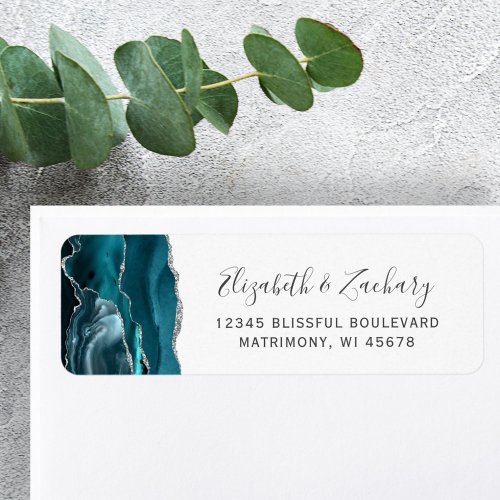 Modern Teal Silver Agate Wedding Return Address Label