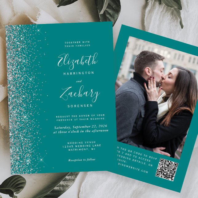 Modern Teal Silver Glitter Photo QR Code Wedding Invitation (Creator Uploaded)