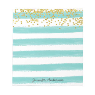 Modern Teal Stripe Gold Confetti Personalize Notepad