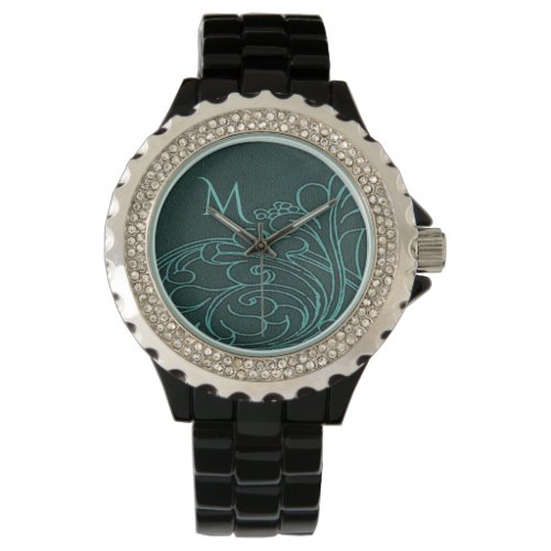 Modern Teal Swirl Elegant Monogram Watch