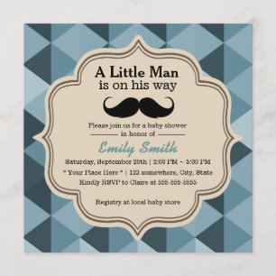 Modern Teal Triangles Mustache Baby Shower Invitation
