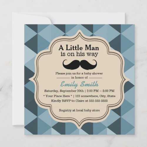 Modern Teal Triangles Mustache Baby Shower 5.25x5.25 Square Paper Invitation Card