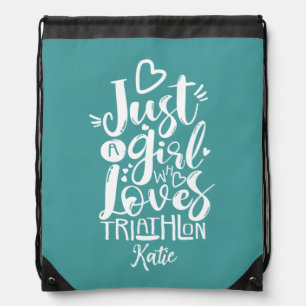 Modern Teal Triathlon Motivation White Script Drawstring Bag