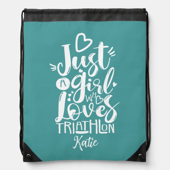 Modern Teal Triathlon Motivation White Script Drawstring Bag (Front)