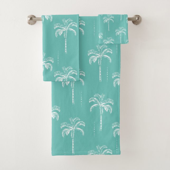 Modern Teal Tropical Palm Tree Pattern Bath Towel Set (Insitu)
