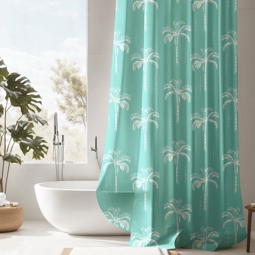 Modern Teal Tropical Palm Tree Pattern Shower Curtain