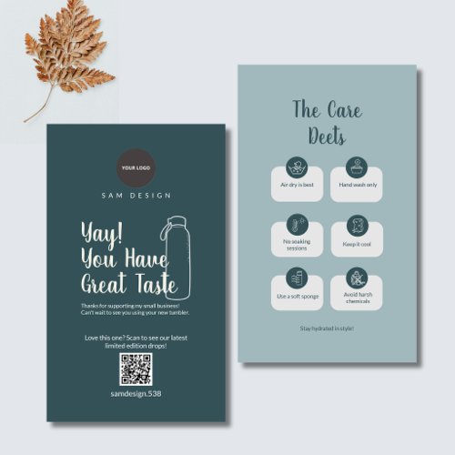 Modern Teal Tumbler Care Card with QR Code