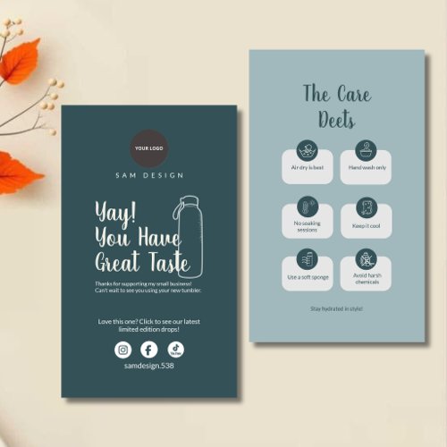 Modern Teal Tumbler Care Instruction Card Logo