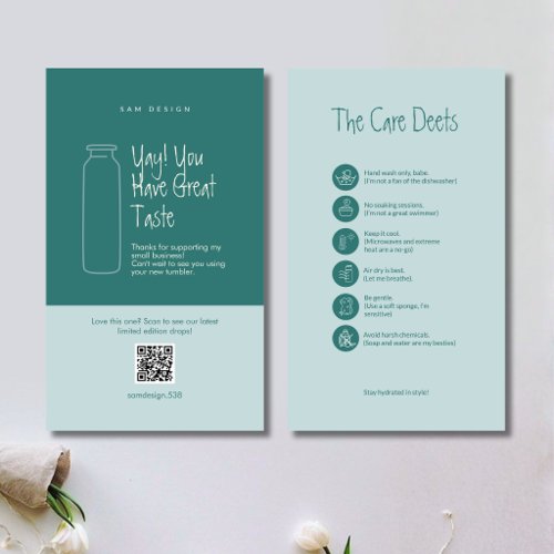 Modern Teal Tumbler Care Instructions QR Code Logo Business Card