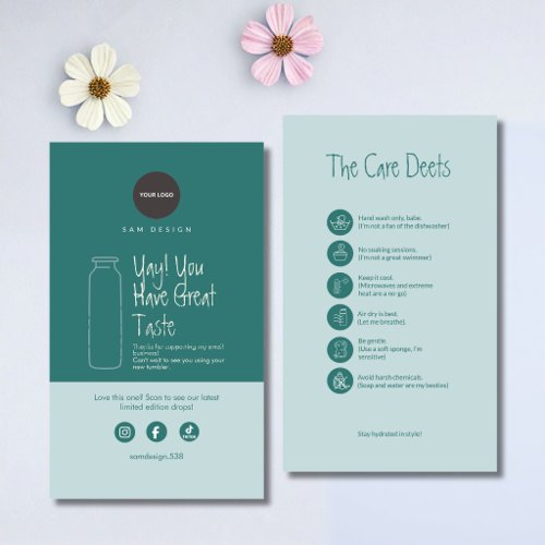 Modern Teal Tumbler Care Instructions Social Media Business Card