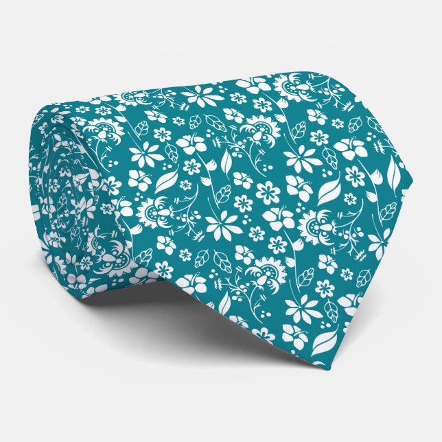 Modern Teal Turquoise Blue Floral Pattern Neck Tie (Rolled)