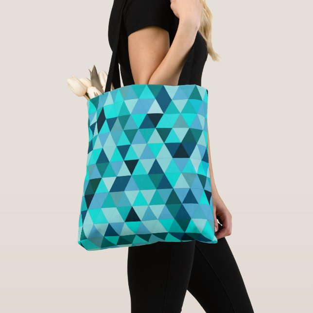Modern Teal Turquoise Geometric Triangles Pattern Tote Bag (Close Up)