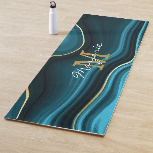 Modern Teal Turquoise Gold Faux Agate Signature Yoga Mat