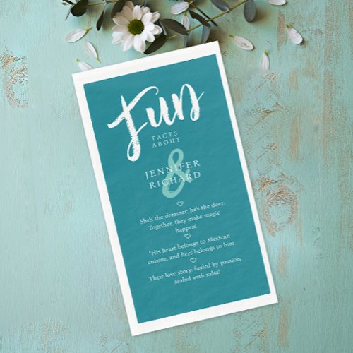 Modern Teal Turquoise Handwriting Fun Fact Wedding Paper Guest Towels