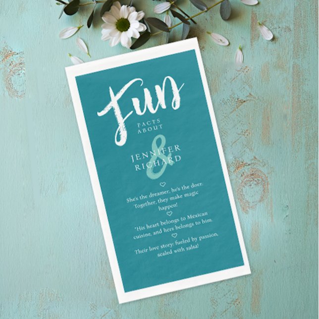 Modern Teal Turquoise Handwriting Fun Fact Wedding Paper Guest Towels (Creator Uploaded)