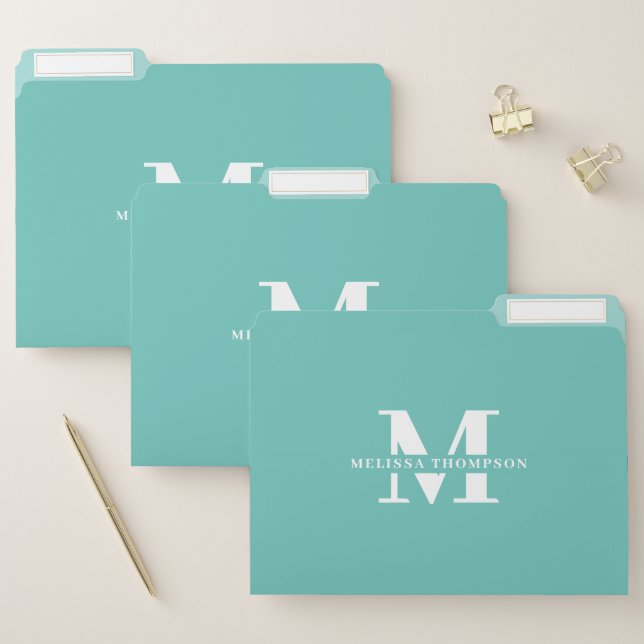 Modern Teal Turquoise Monogrammed Organization  File Folder (Set)
