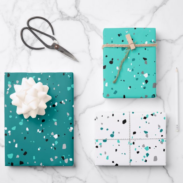 Modern Teal Turquoise Terrazzo Pattern Wrapping Paper Sheets (Front)