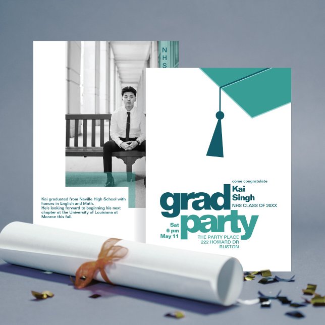 Modern Teal Typography & Tassel Grad Party Photo Invitation (Creator Uploaded)