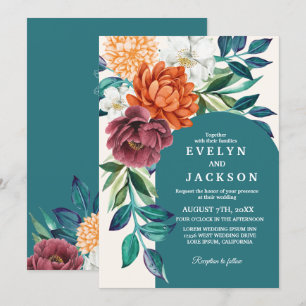 Modern Teal watercolor floral fall Wedding  Invitation