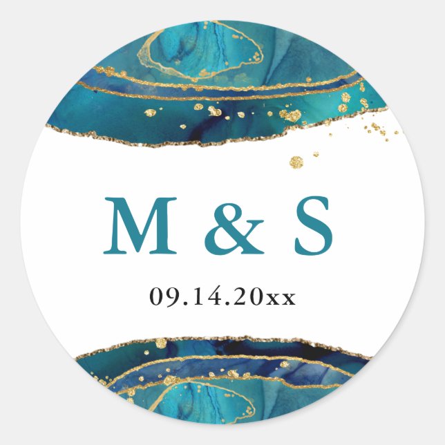 Modern Teal Watercolor Gold Agate Personalized Classic Round Sticker (Front)
