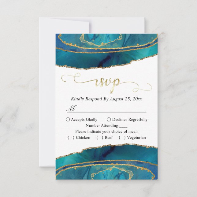 Modern Teal Watercolor Gold Agate RSVP (Front)