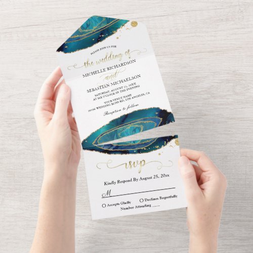 Modern Teal Watercolor Gold Agate Wedding All In One Invitation