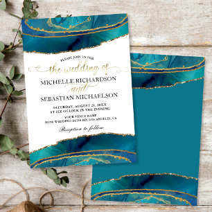 Modern Teal Watercolor Gold Agate Wedding Invitation