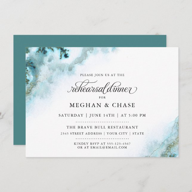 Modern Teal Watercolor Moss Agate BarefootBride™ Invitation (Front/Back)