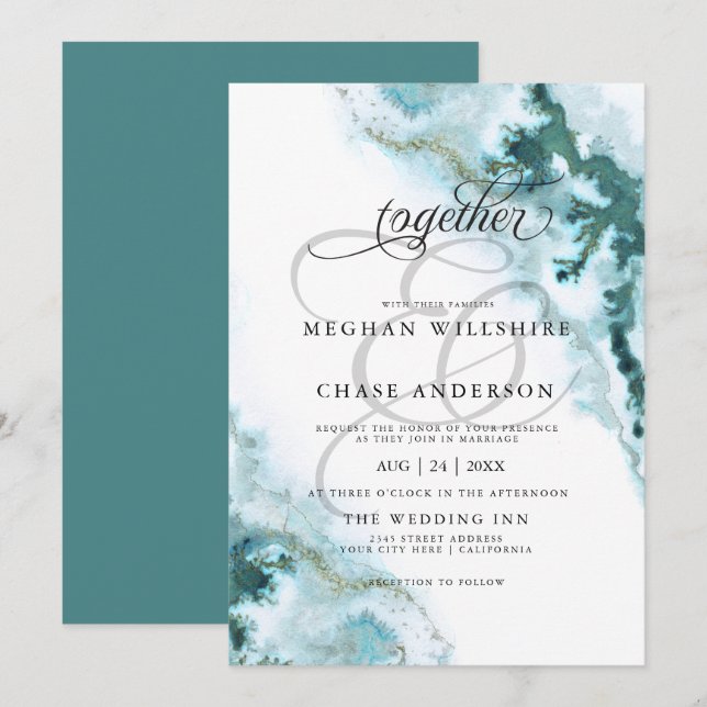 Modern Teal Watercolor Moss Agate BarefootBride™ Invitation (Front/Back)