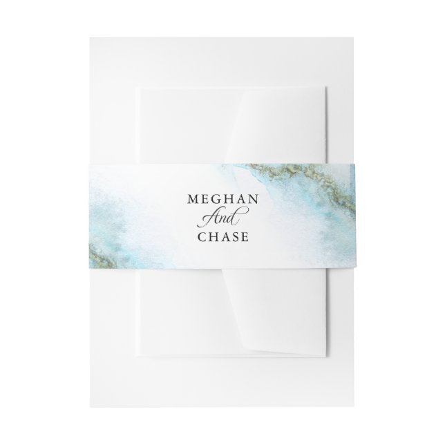 Modern Teal Watercolor Moss Agate BarefootBride™ Invitation Belly Band (Front Example)