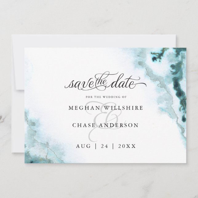 Modern Teal Watercolor Moss Agate BarefootBride™ Save The Date (Front)