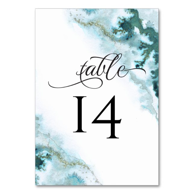Modern Teal Watercolor Moss Agate BarefootBride™ Table Number (Front)