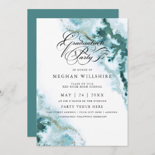 Modern Teal Watercolor Moss Agate Graduation Party Invitation
